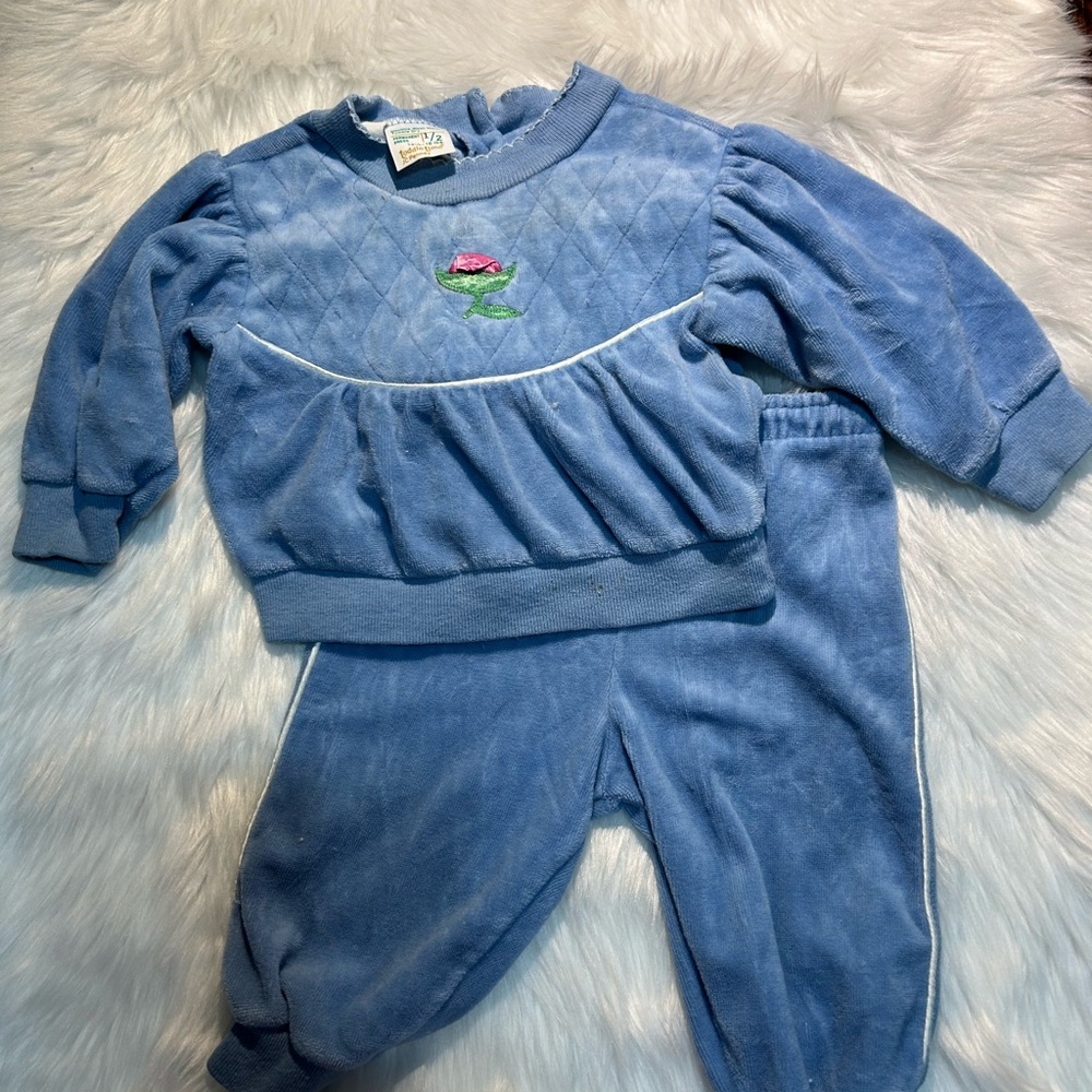 JCPenney Blue Quilted VINTAGE Baby Girl Outfit with Pink Flower Size 18 Months